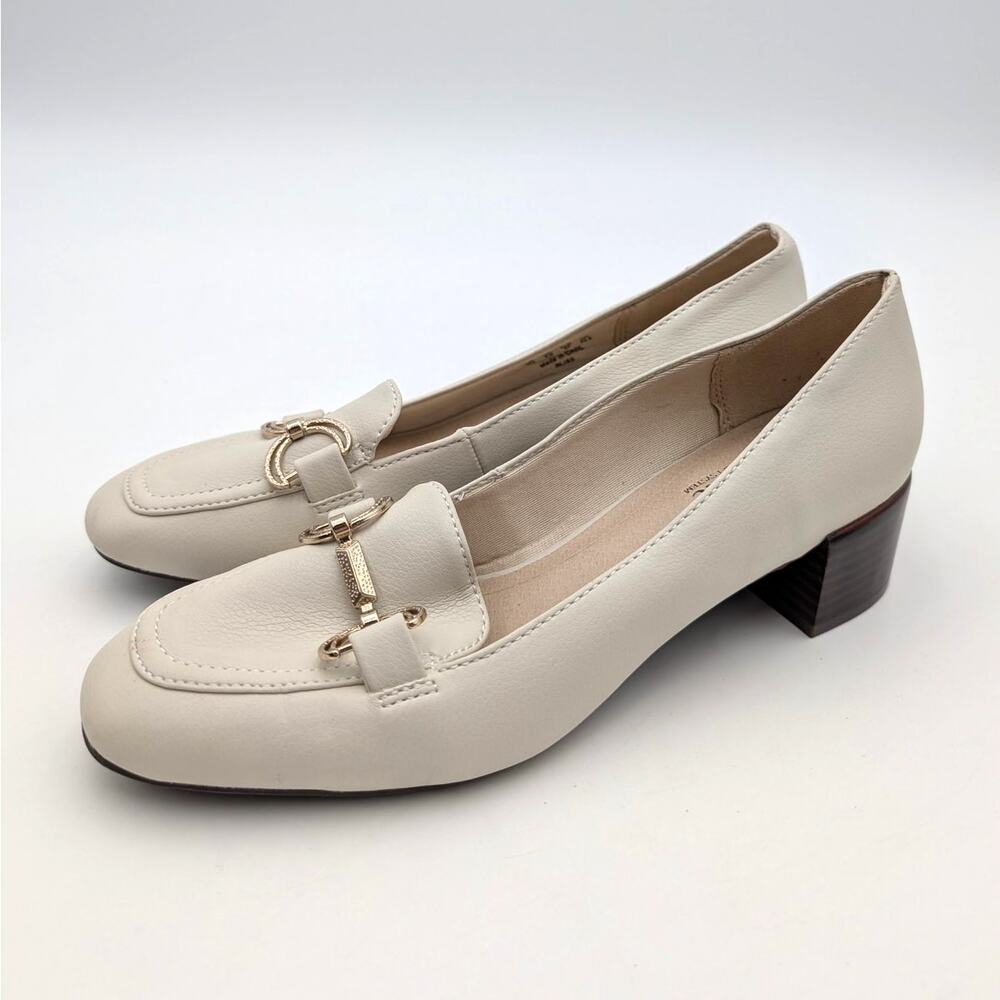 LifeStride Bliss Moc Toe Bit Loafer Pump Block Heel Women's Bone Size US7M EU37